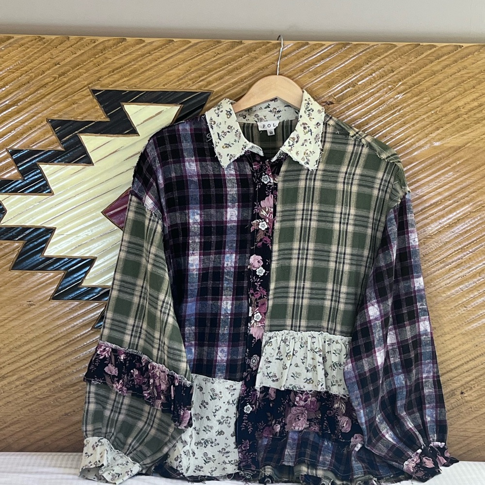 POL Multicolor Plaid Patchwork Button Down Ruffle… - image 3